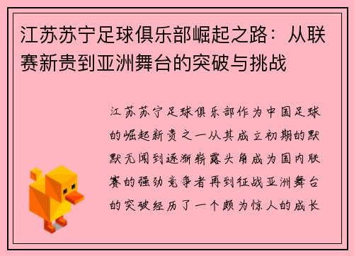 江苏苏宁足球俱乐部崛起之路：从联赛新贵到亚洲舞台的突破与挑战